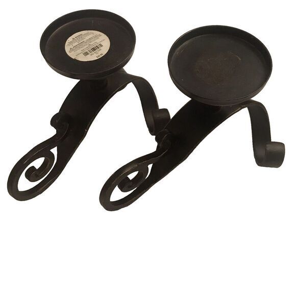 PIER 1 RUSTIC SCROLL PILLAR‎ CANDLE HOLDERS  HEAVY DUTY METAL SET OF TWO - Picture 1 of 11